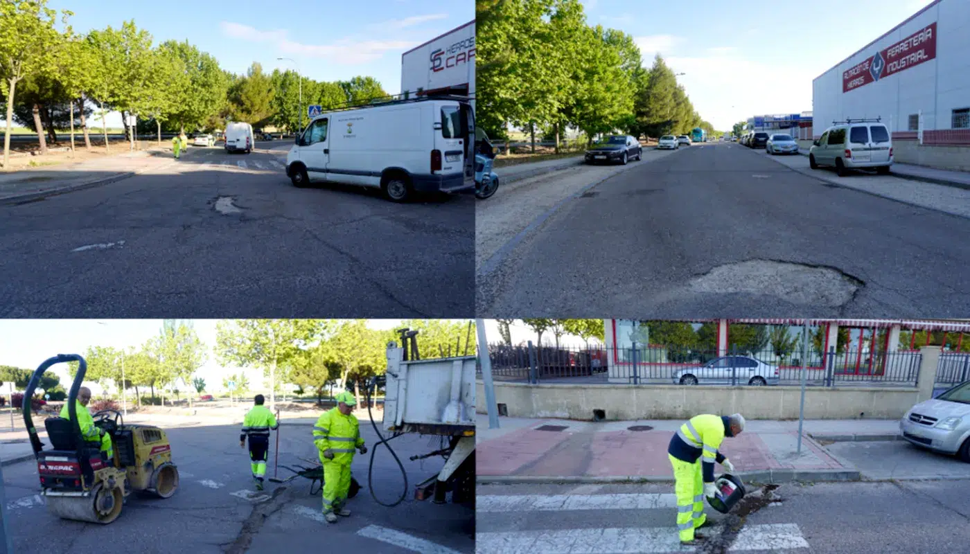 Operarios realizando trabajos de parcheado de asfalto en Torrijos para mejorar la seguridad vial