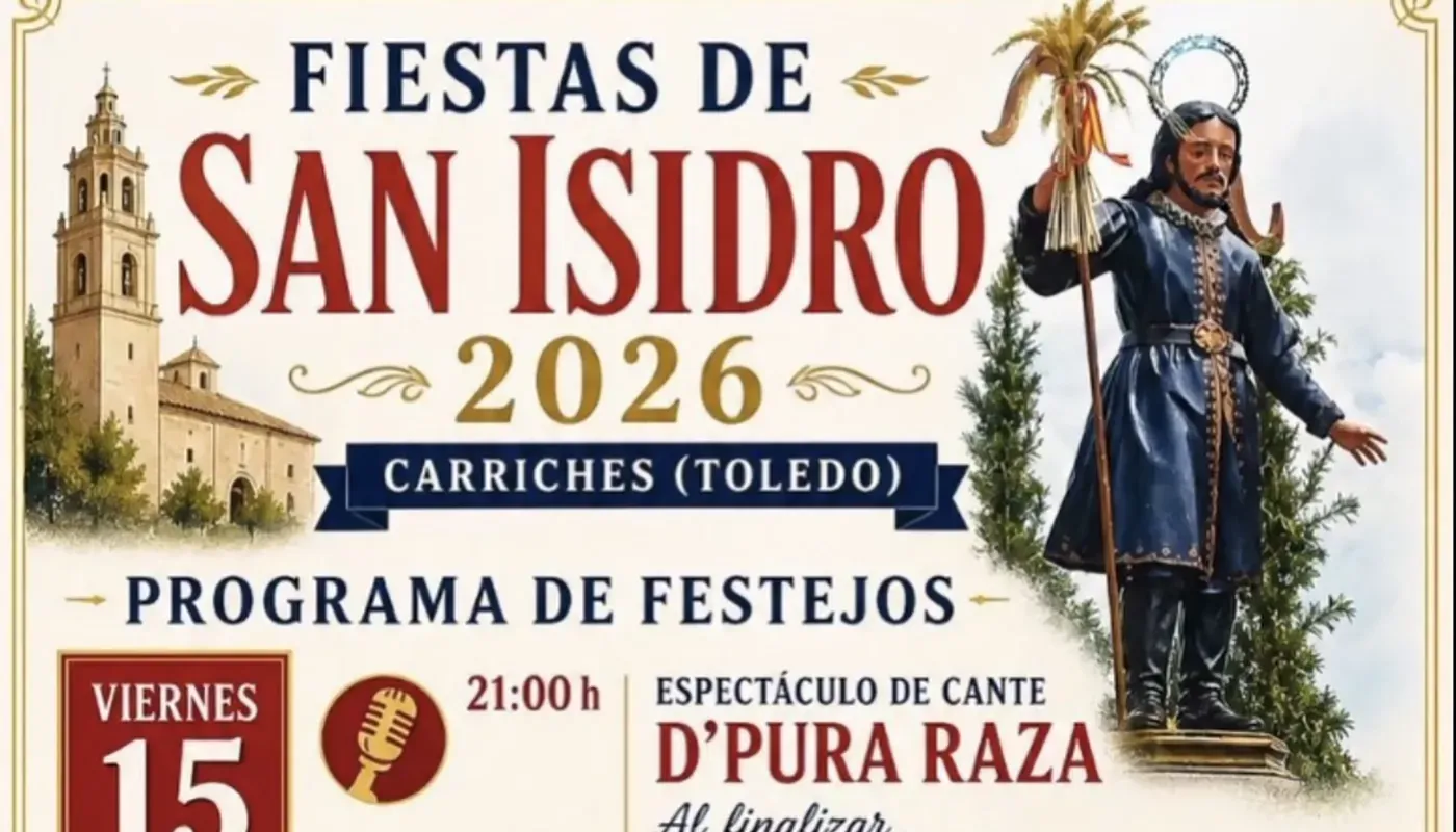 cartel de las fiestas de San Isidro en Carriches 2026 con programa de actividades
