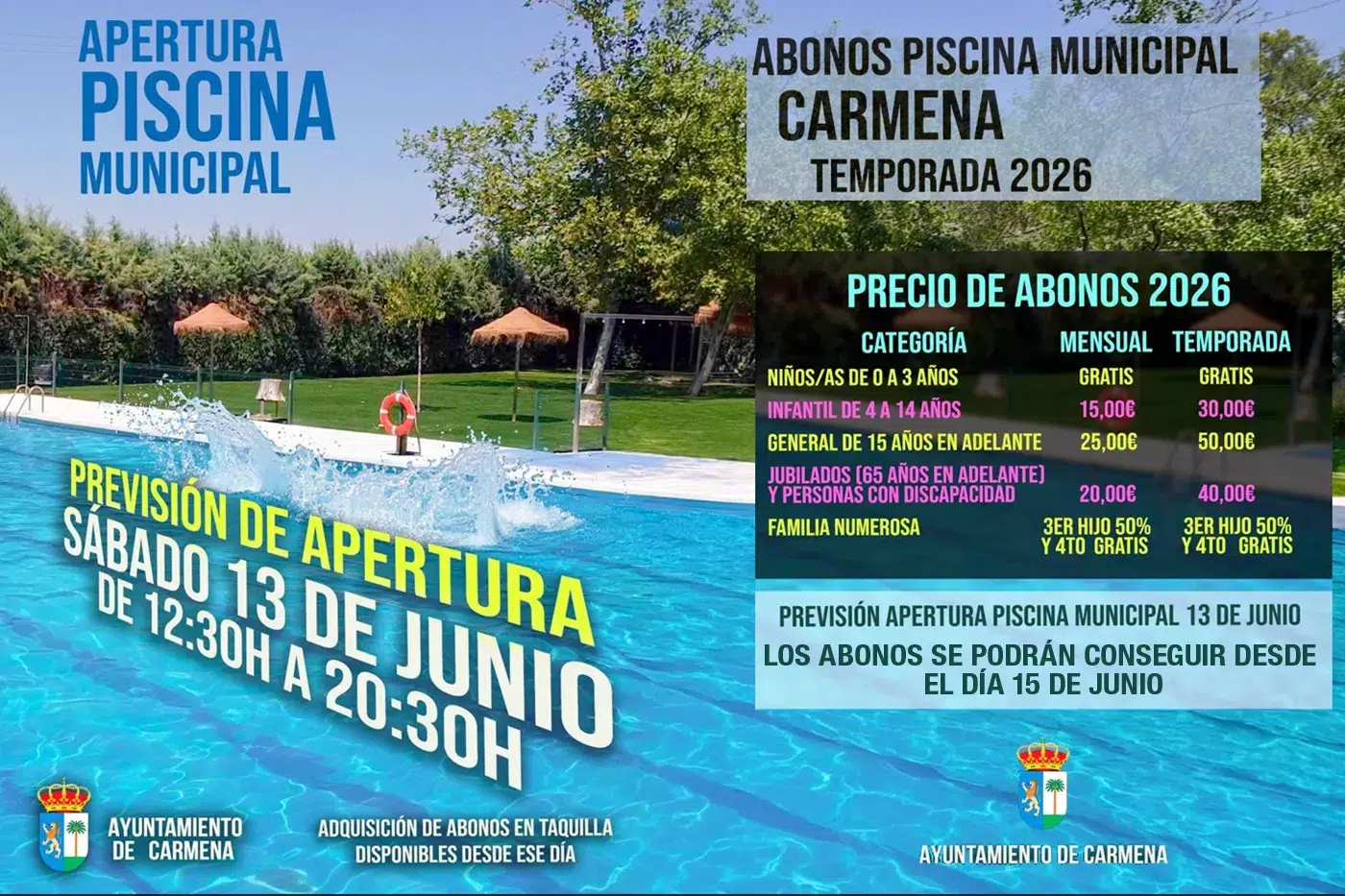 Apertura piscina de Carmena Con fecha abonos