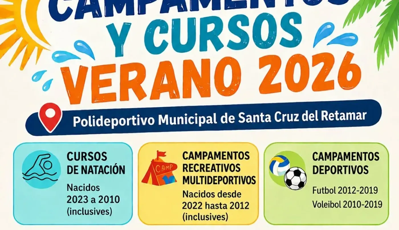 Cartel de los Campamentos y Cursos de Verano 2026 organizados por el Ayuntamiento de Santa Cruz del Retamar