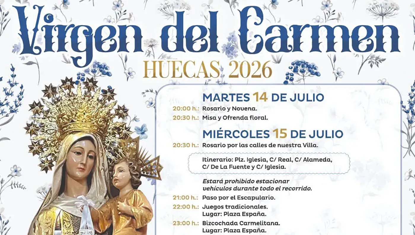 Cartel de las Fiestas de la Virgen del Carmen en Huecas con la programación del 14 al 18 de julio.