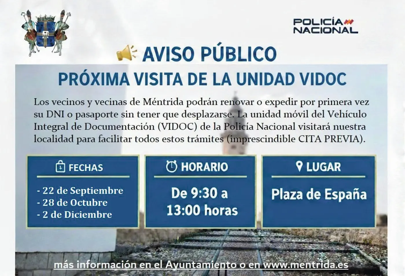 Unidad móvil VIDOC de la Policía Nacional durante una jornada de expedición y renovación de DNI y pasaportes en Méntrida.