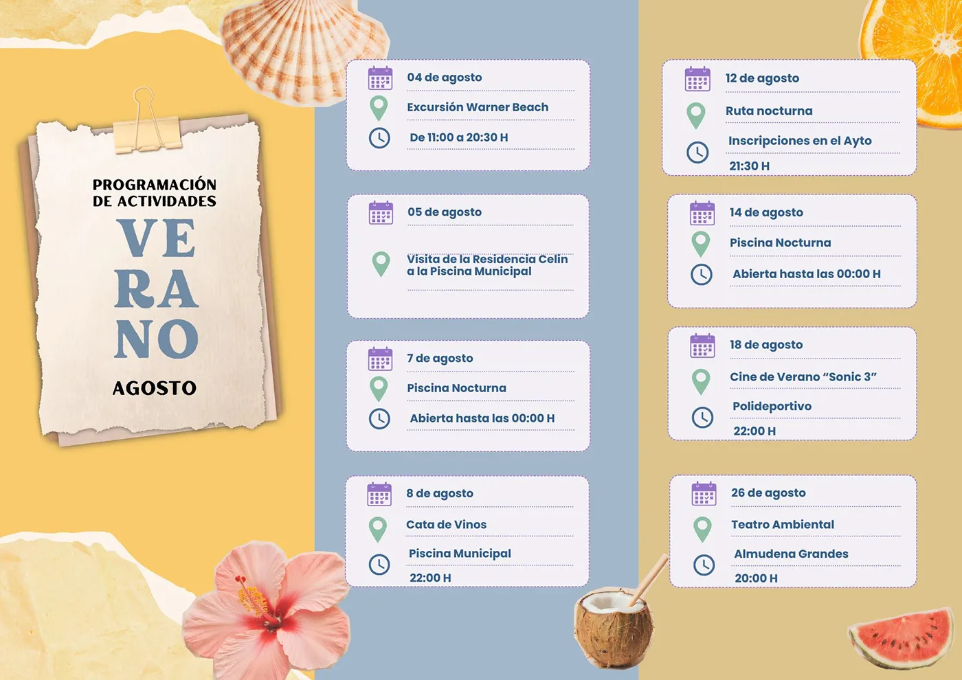 Cartel con la programación de actividades organizadas por el Ayuntamiento de Gerindote para el mes de agosto.