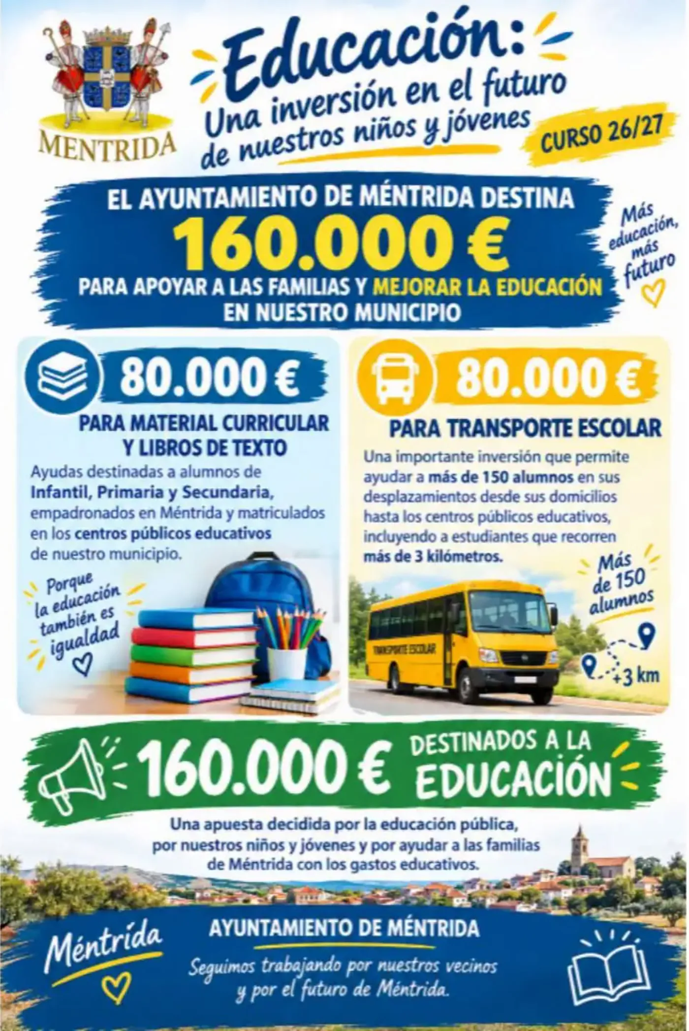 Información del Ayuntamiento de Méntrida sobre la inversión de 160.000 euros en material educativo y transporte escolar para el curso 2026/2027. Información del Ayuntamiento de Méntrida sobre la inversión de 160.000 euros en material educativo y transporte escolar para el curso 2026/2027.