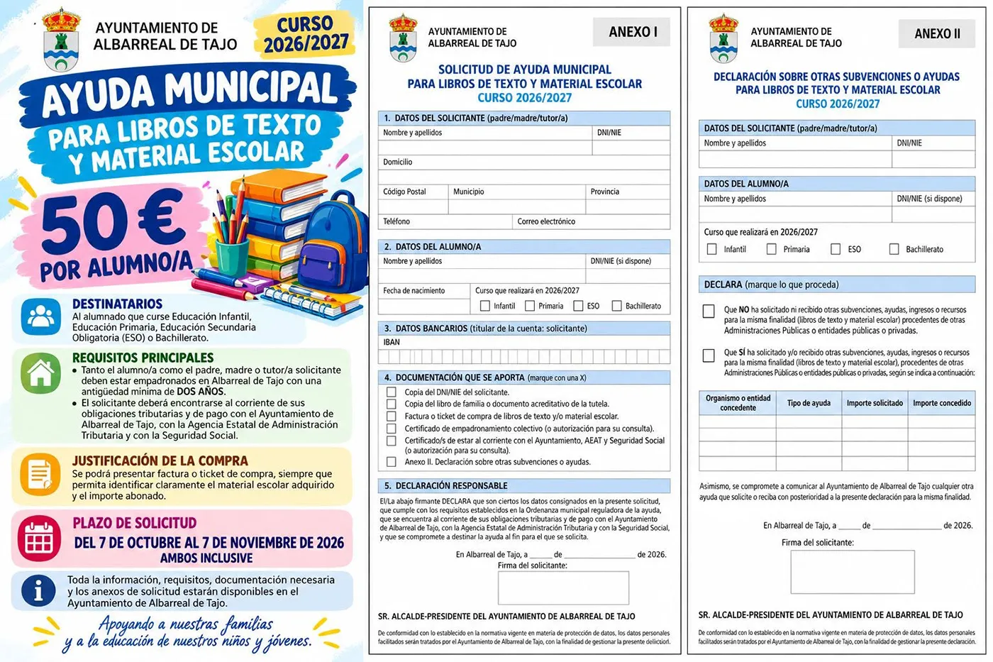 Información sobre las ayudas municipales para libros y material escolar de Albarreal de Tajo.