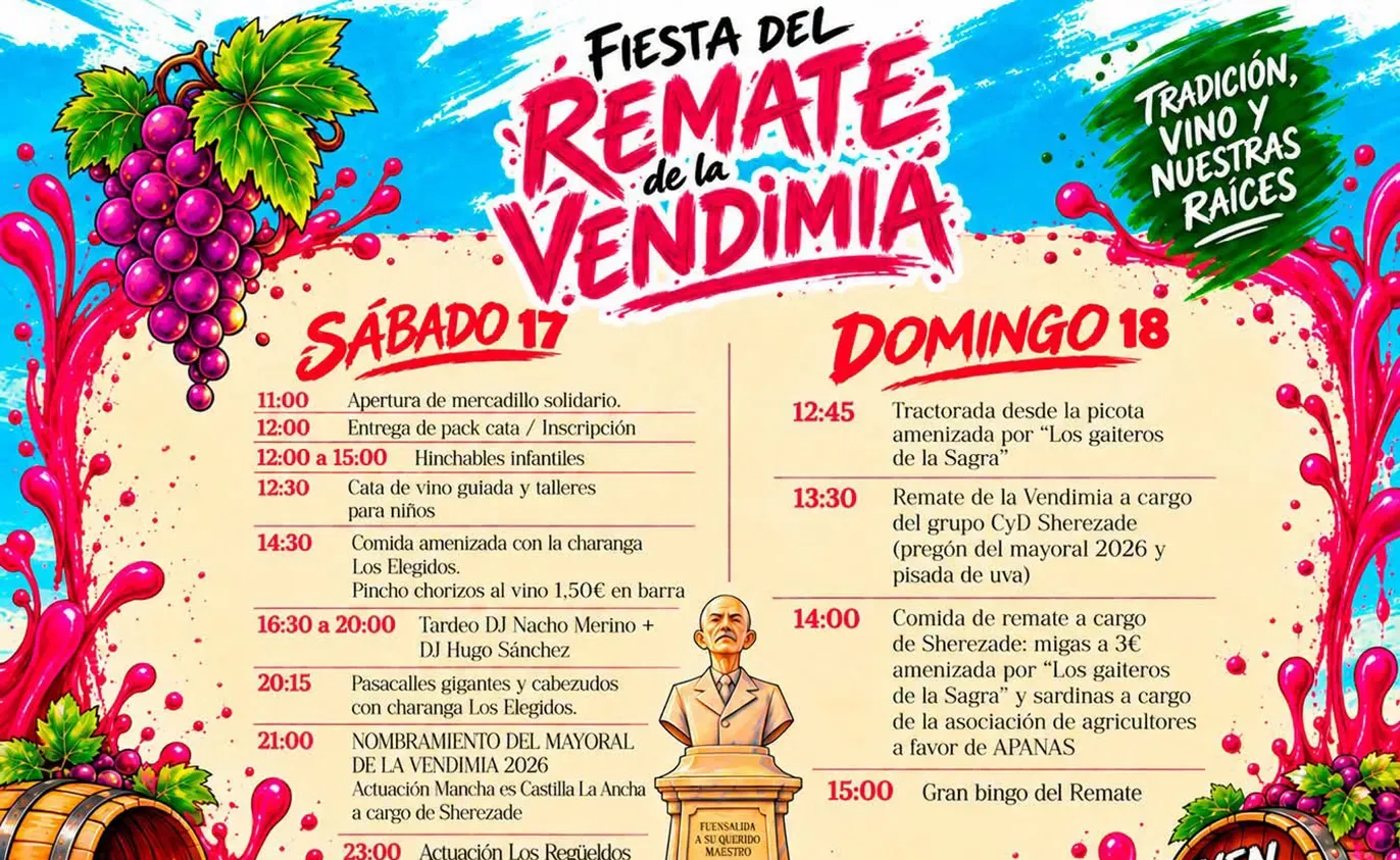 Cartel de la Fiesta del Remate de la Vendimia de Fuensalida 2026, que se celebra los días 17 y 18 de octubre en la Plaza del Conde.