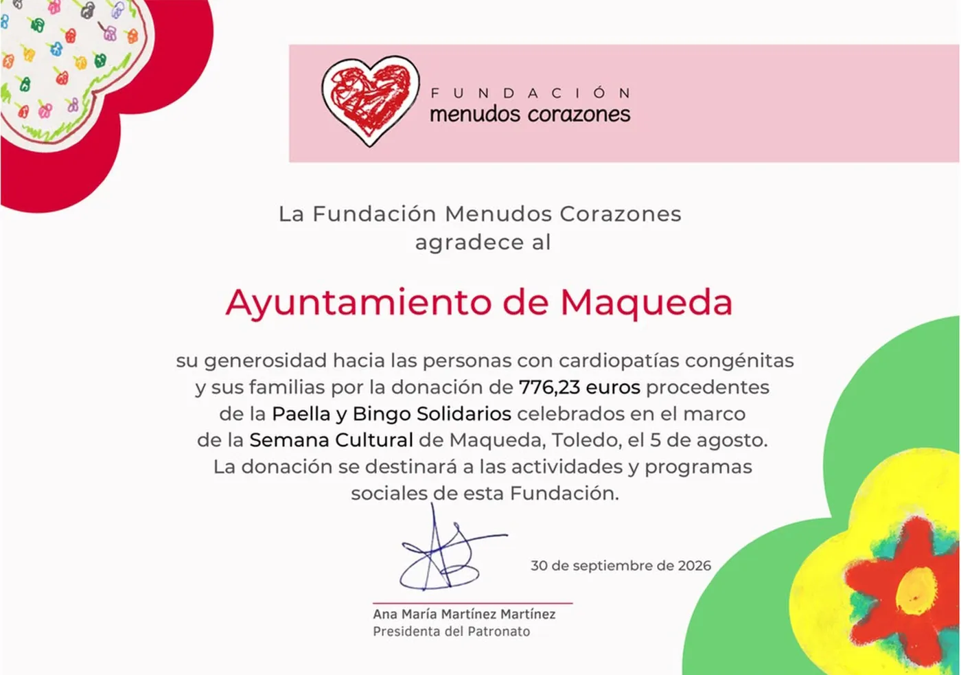 Diploma de agradecimiento de la Fundación Menudos Corazones al Ayuntamiento de Maqueda.